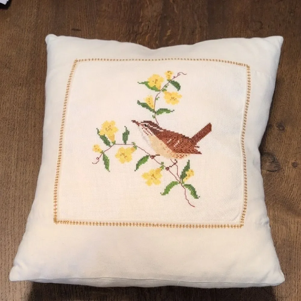 Handmade Cross Stitch Bird and Floral Accent Throw Pillow Vintage